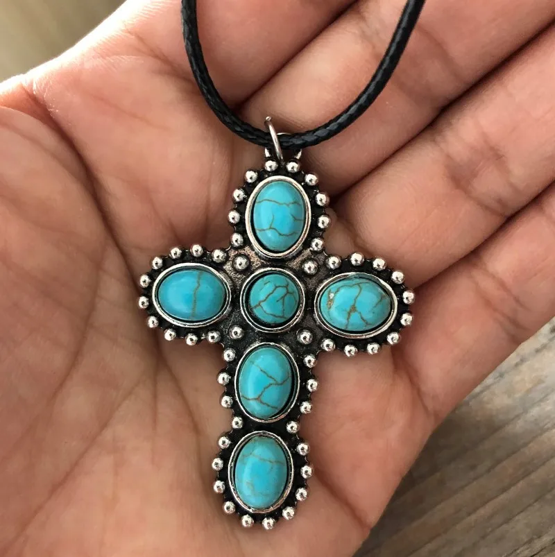 

Cross Alloy Inlay Turquoise Women's Necklace Fashion Leather Necklaces Women Trendy Jewelry Bohemian Pendant Chokers