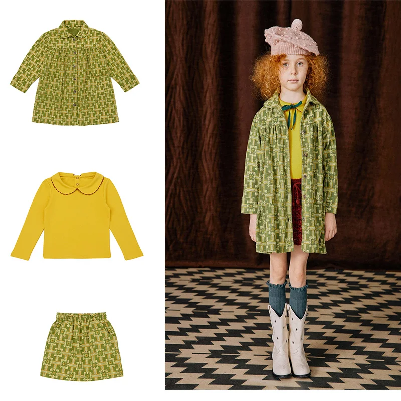 

Girls' Shirts Autumn/Winter 2022 Nordic Style Children's Long Sleeve Lapel Flower Blouse Thin Jacket and Skirt