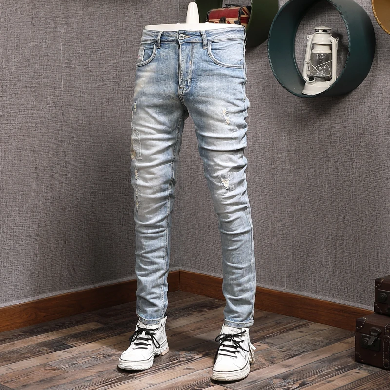 Vintage Fashion Men Jeans Retro Light Blue Stretch Slim Fit Ripped Jeans Men Elastic Trousers Patched Designer Pants Hombre