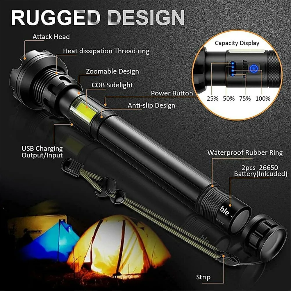 

Перезаряжаемый самый мощный светодиодный фонарь XHP90 + COB, 990000LM, USB зарядка, 3 режима, алюминиевый сплав
