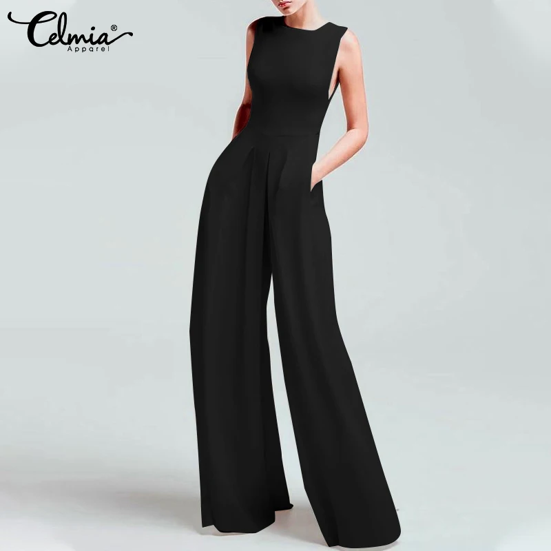 

Celmia Sleeveless Elegant Jumpsuits Women Summer Pockets Party Long Rompers 2022 Fashion Casual Pleated Wide Leg Pants Overalls