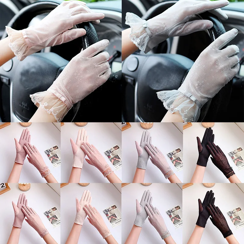 

Women Gloves Solid Color Lace Short Full Finger Mittens Sexy transparent Sheers Gloves Lady Summer UV-Protection Driving Gloves