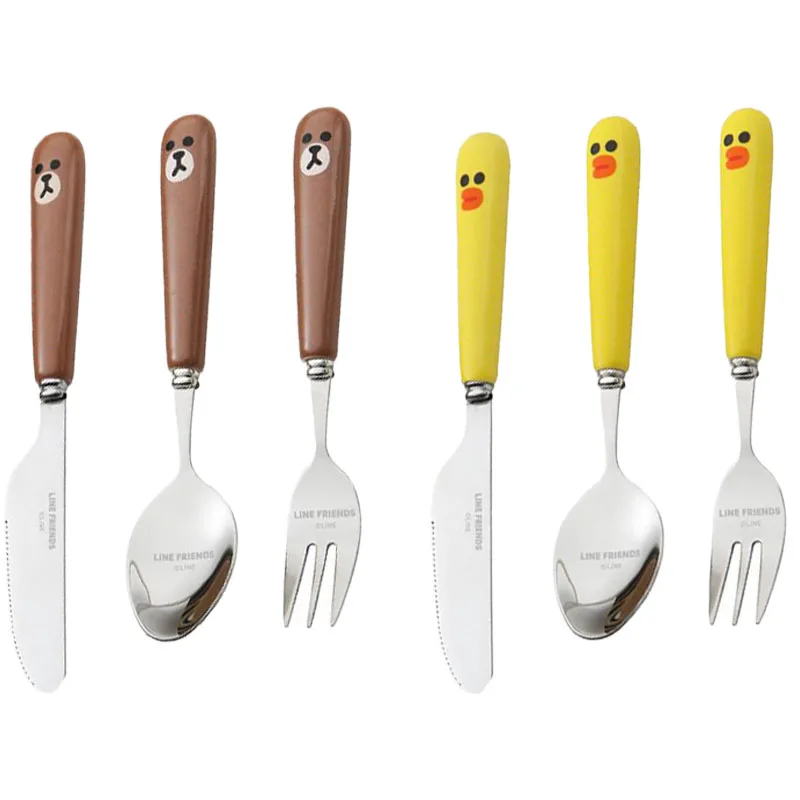 

Line Friends Brown Sally Kawaii Cartoon Anime 304 Stainless Steel Ceramic Spoon Household Cutlery Knife and Fork Three-Piece Set