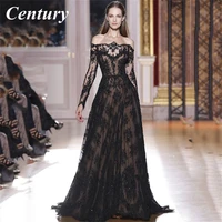 century lace off the shoulder evening dress brush train black prom dresses appliques elegant woman party dress robes de soir%c3%a9e