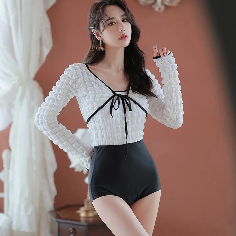 

One Piece Swimsuit Women Mesh Long Sleeve Cover Up Solid Push Up Swimwear Bathing Suit Swimming Sexy 2022 New