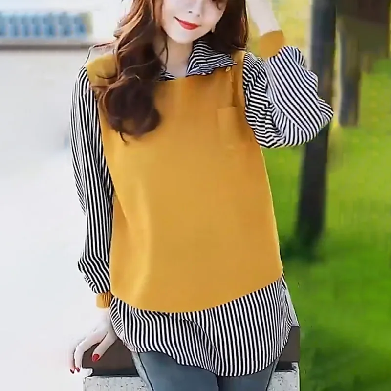 

Korean Fashion Striped Knitt Spliced Fake Two Pieces Blouse Woman 2022 Autumn New Commute Pockets Versatile Casual Shirts Female