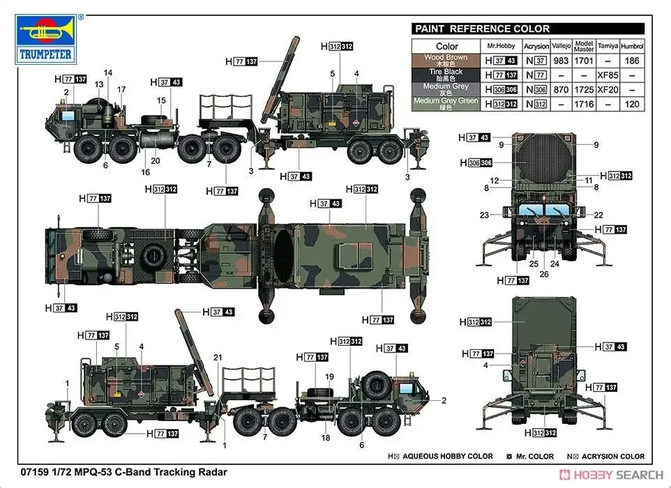 Trumpeter 07159 комплект модели радара с отслеживанием C-диапазона MPQ-53 масштаб 1/72
