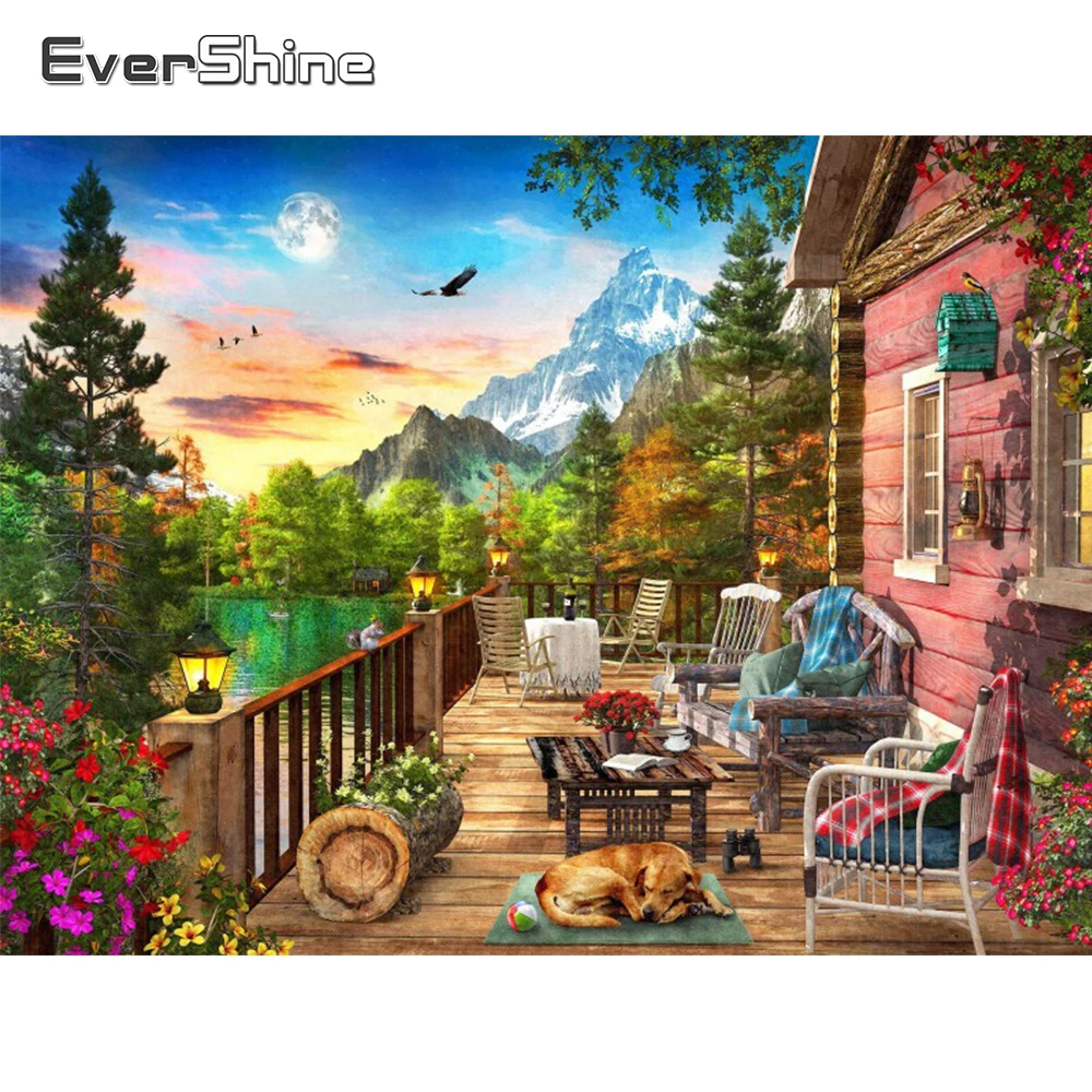 

EverShine 5д алмазная вышивка дом полная площадь алмазная мозаика горы озеро вышивка крестиком живопись пейзаж декор для дома