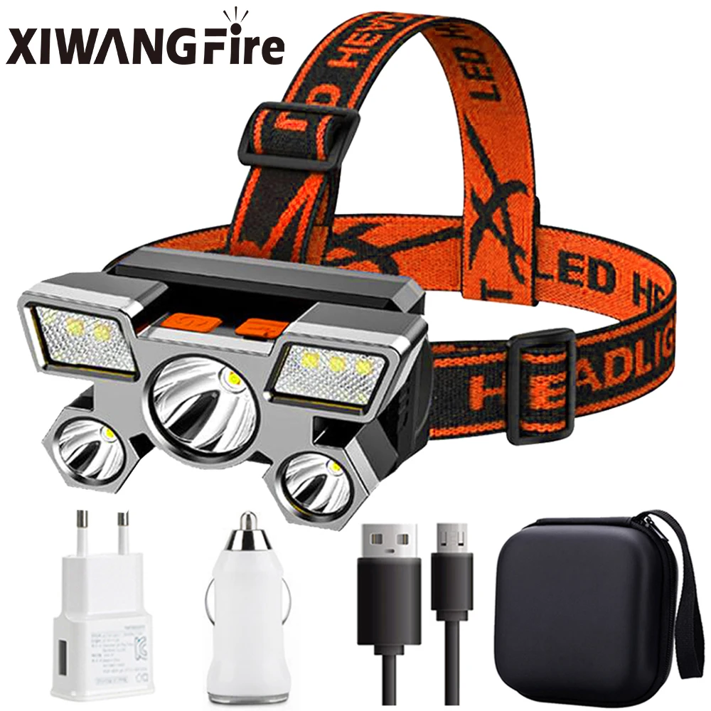 

XIWANGFIRE 5 светодиодов со встроенным аккумулятором 18650, USB перезаряжаемый портативный фонарик, фонарь, налобный фонарь, налобный фонарь для кемпинга на открытом воздухе