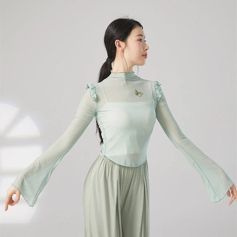 Женский костюм для танцев с длинным рукавом сетчатая рубашка оборками на плечах