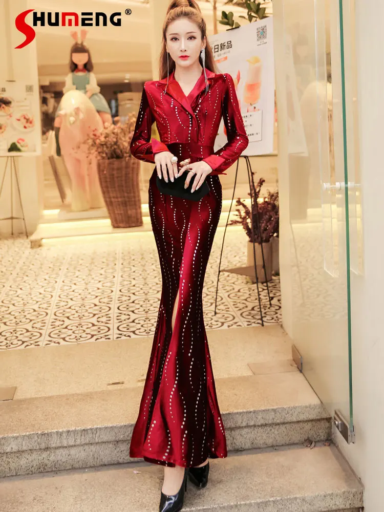 

High-End Elegant High Waist Velvet Long Sleeve Long Dress Female 2022 Spring New Socialite Suit Collar Sheath Fishtail Dresses