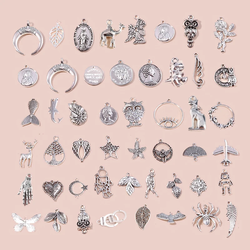 

10pcs Large Sales Antique Silver Color Alloy Charms Spider Hasma Hand Eye Heart Moon Virgin Mary Pendants for DIY Jewelry Making