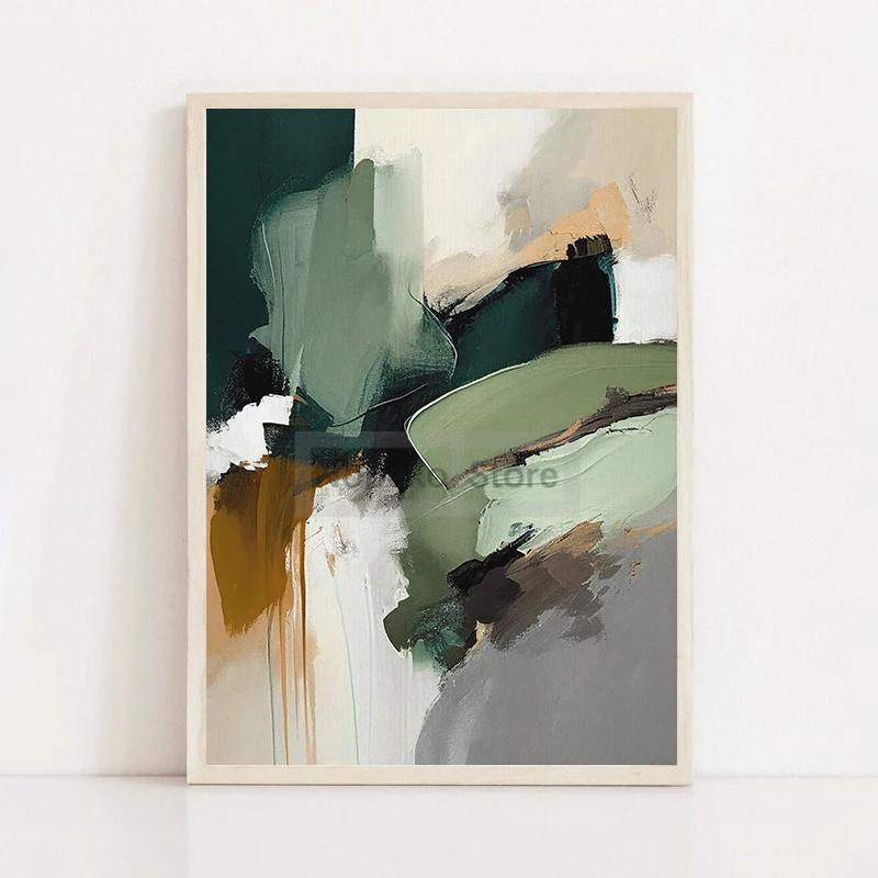 

Абстрактный постер Japandi зеленый и золотой холст