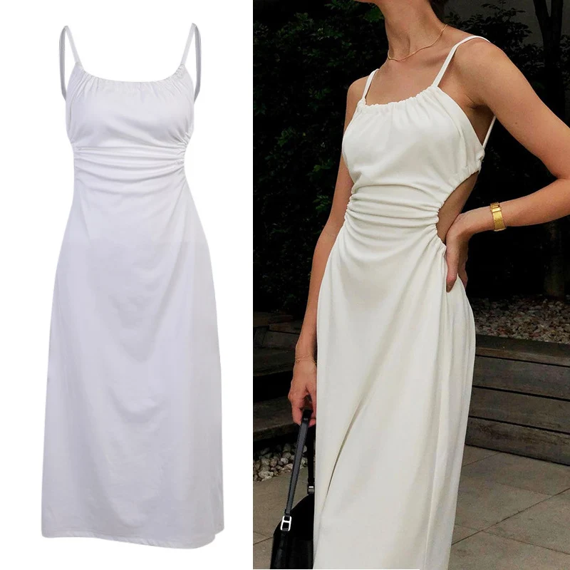 

Summer White Spaghetti Dress Solid Colors Sexy Backless Midi Women Dress Party Wedding Dress Elegant Slim Women Dresses