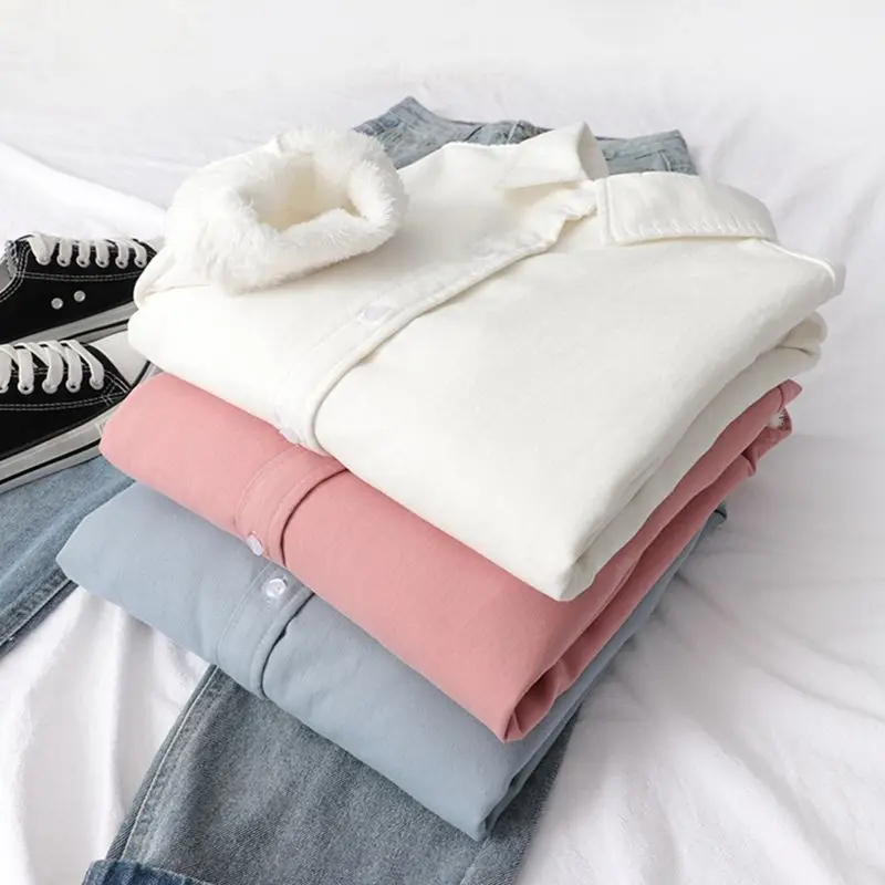 

Autumn Winter Fleece Shirts Women Solid Color Thick Warm Button Down Blouse Woman Korean Loose Long Sleeve Tops