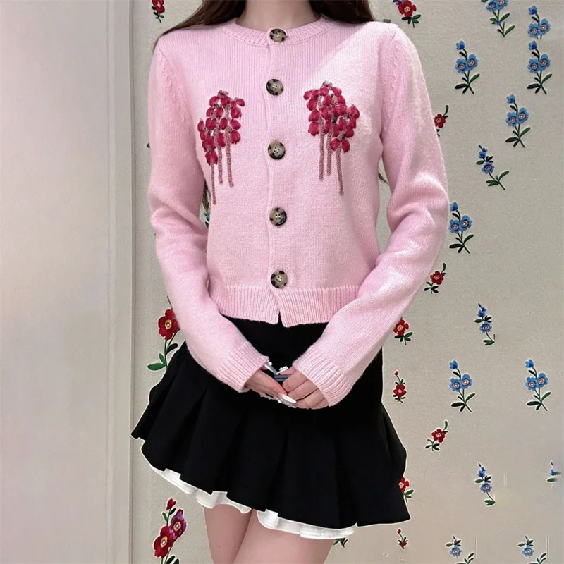 Кардиган для женщин новинка осени 2024 женский топ ручной работы с цветочной