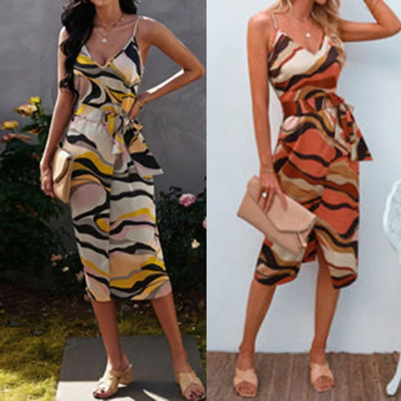 

2023 New Women's Sexy V-Neck Lace up High Waist Printed Slit Slit Dress