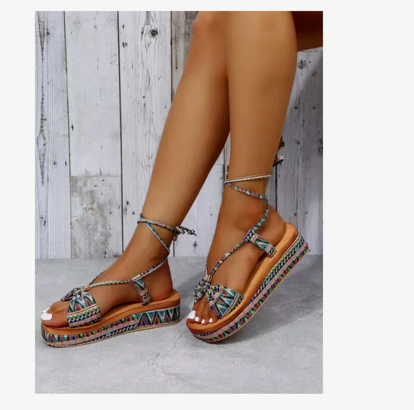 

Women Sandals Summer Snake Wedge Shoes Ethnic Print Fashion Casual Lace Up Women Shoes Beach Ladies Plus Size Shoes Sandals