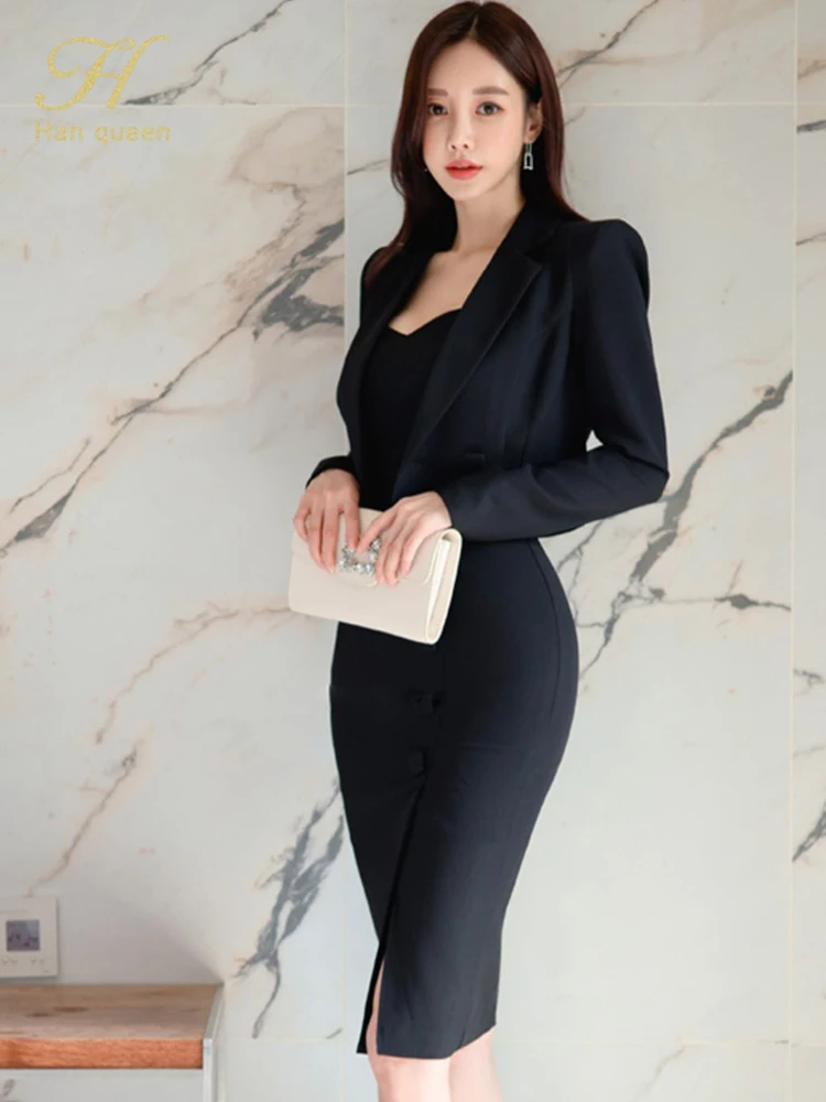 H Han Queen 2022 Summer Vestidos Korean 2 Pieces Suit Coat And Suspenders Fashion Professional Dress Women Sheath Pencil Dresses images - 6