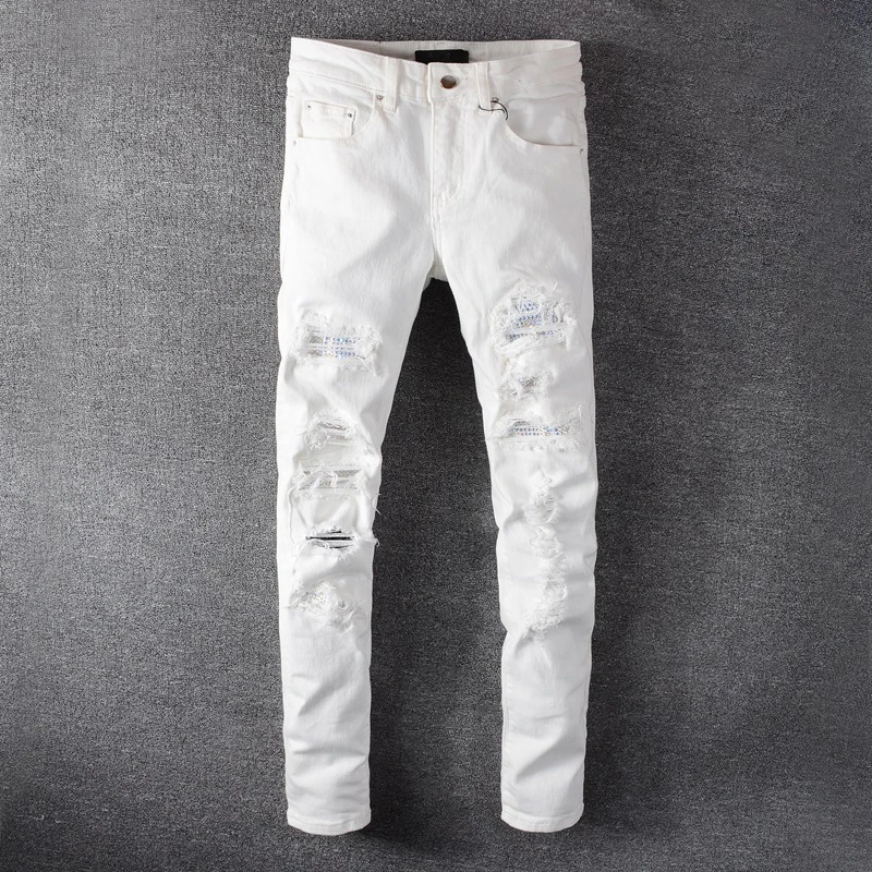 Jeans Sobek Lubang Kristal Putih Pria Celana Denim Melar Berlian Buatan Ketat Ramping Fashion Jeans Skinny Ramping Ketat