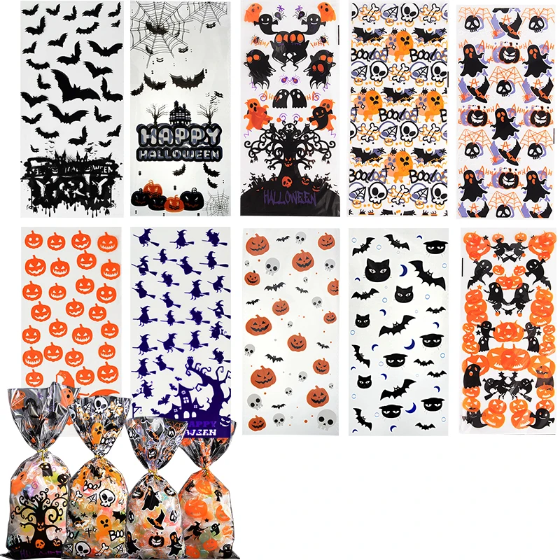 

50Pcs Halloween Cellophane Treat Bags Pumpkin Witch Patterned Storage Bags Goodie Bag with Twist Ties for Halloween Party Favor