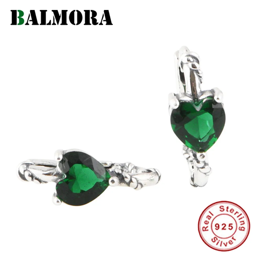 

BALMORA 925 Sterling Silver Green Heart Zircon Earrings For Women Girl Retro Elegant Temperament Round Earrings Daily Jewelry