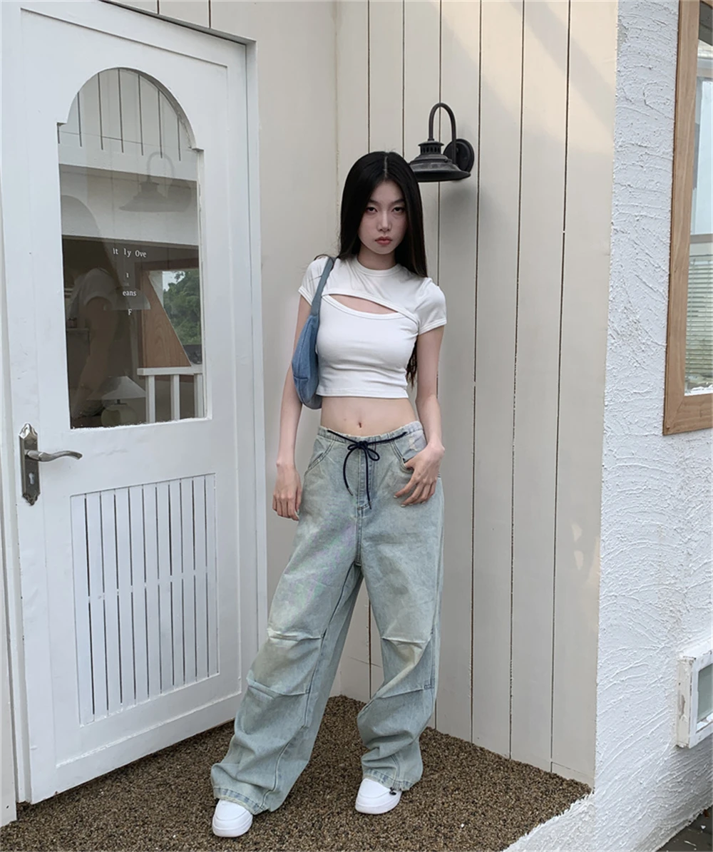 2023 New Spring/Summer Women's Retro Loose Relaxed High Waist Drawstring Slim Straight Leg Wide Leg Jeans