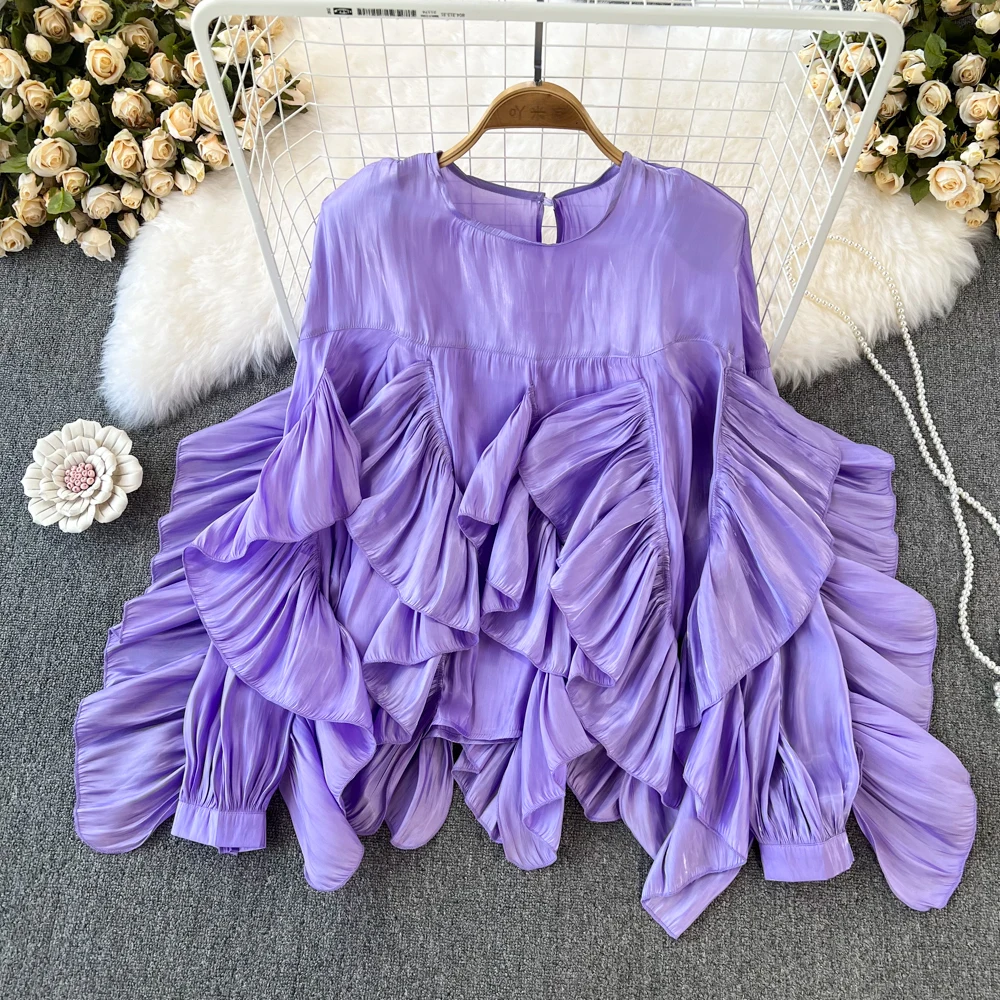 

SuperAen Spring and Autumn New European and American Retro Round Neck Ruffled Loose Long-sleeved Shirt Irregular Blouse