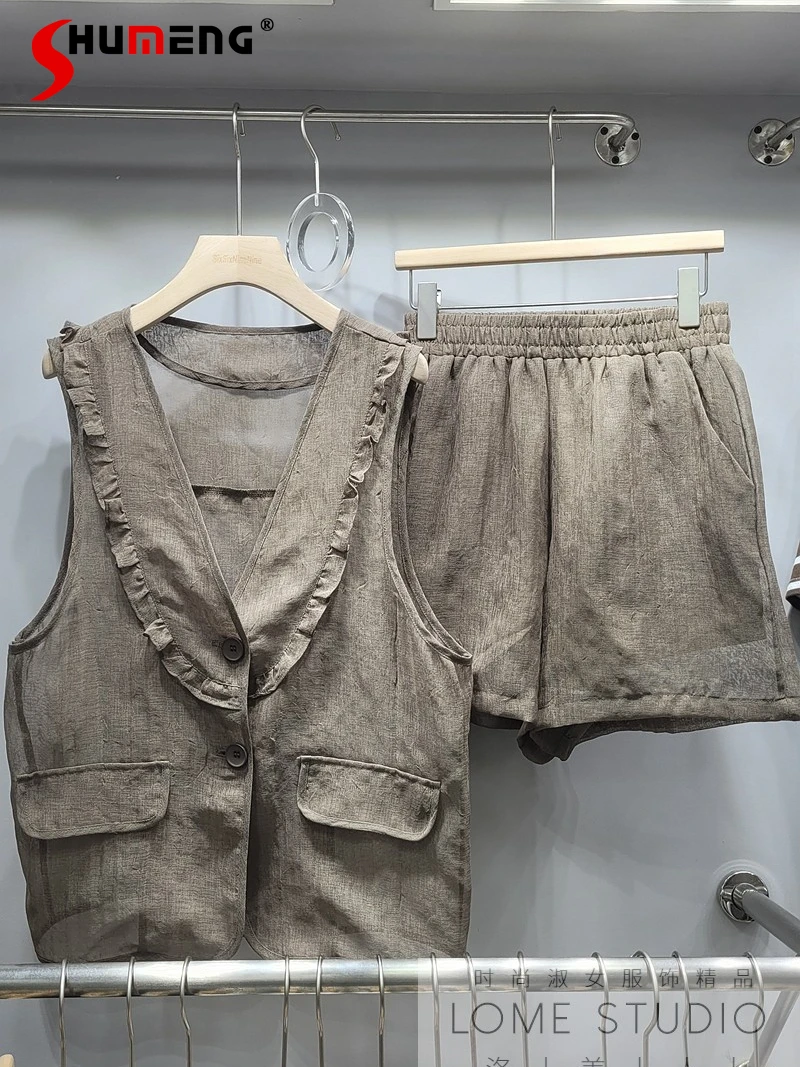 

2022 Summer New Sleeveless Clothing Solid Color V-neck Single-Breasted Vest + Casual Shorts Two Piece Suit Outfits for Women