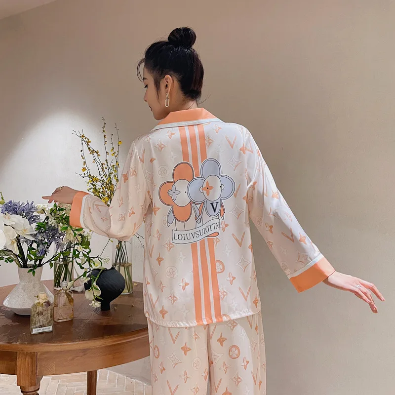 Ice Silk Pajamas for Women 2023 Spring and Autumn New Long-Sleeved Trousers Printed Cardigan Casual Outdoor Homewear