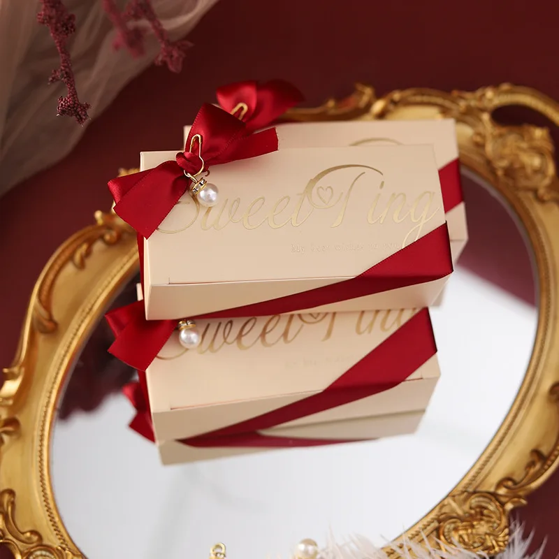 

Romantic Candy Box Rectangle Gift Bag Ribbon Pearl Vintage Wedding Party Supplies Small Present for Guests Paper Packaging Box