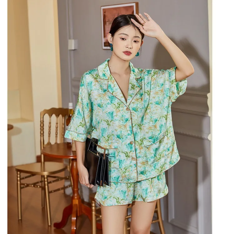 pajamas women's printed short-sleeved shorts suit high-quality two piece set summer silk sleepwear set