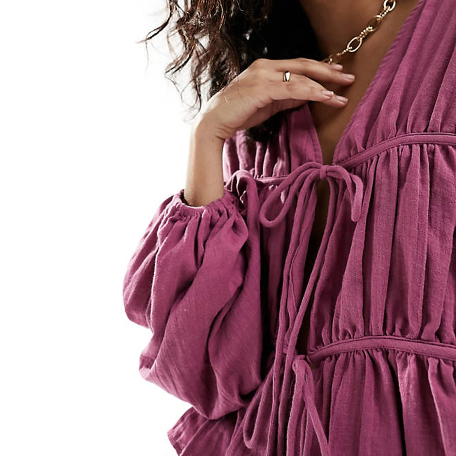 Женские повседневные однотонные базовые рубашки с v-образным вырезом и завязками