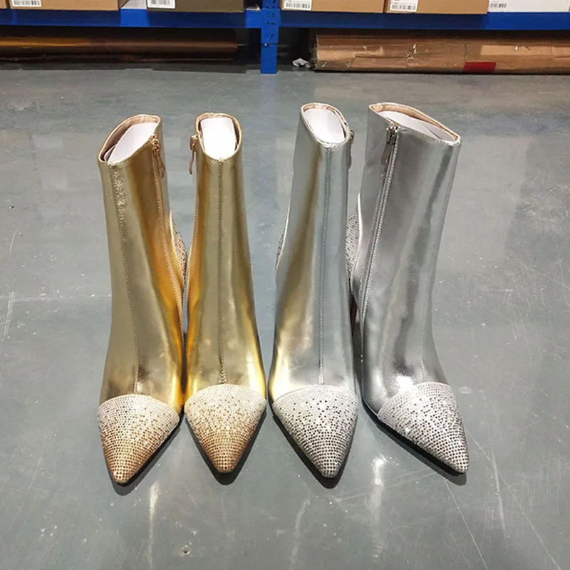 2022 Winter New Fashion Stitching Rhinestone Large Size Stiletto High Heel Short Boots Women's Boots