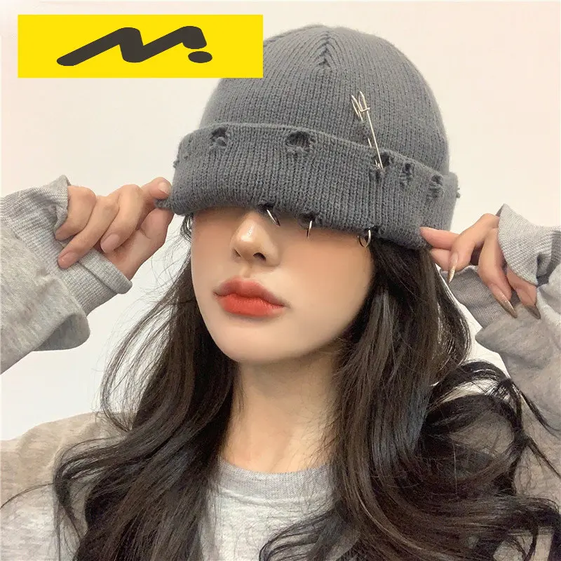 

Winter Harajuku Y2K Beanies Knitted Hat Women Fashion Warm Thick Gorro Men Hip Hop Pin Hole Skullcap Short Hat Unisex Basic Cap