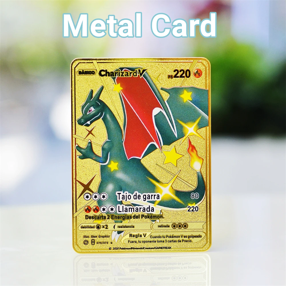 

Pokémon Cards Metal Pokemon Letters Charizard Vmax Pikachu Mewtwo Gx Anime Real Iron Card Golden Pokimon letter Metal Kids Toys