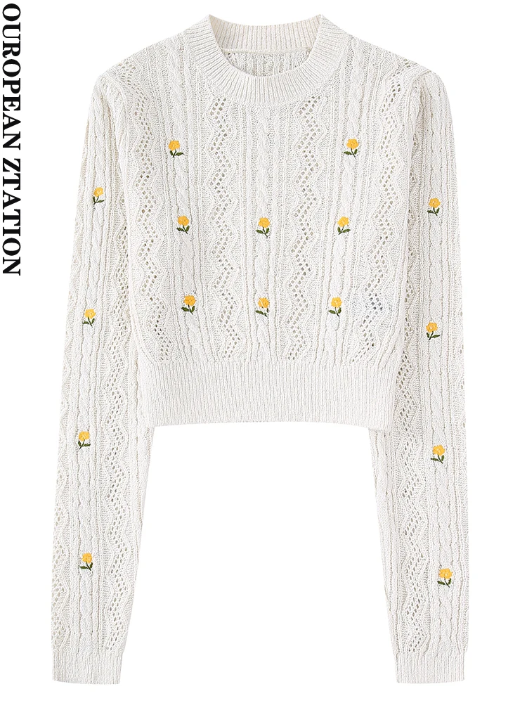 

PAILETE Women 2022 fashion floral embroidery cropped knit sweater vintage o neck long sleeve female pullovers chic tops
