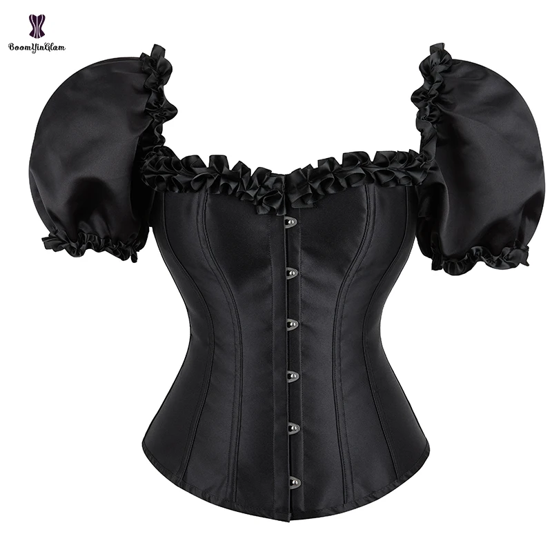 Solid Black Satin Corselet 12 Plastic Boned Lace Up Corset Top With Short Sleeve Plus Size S-6XL Burlesque Gothic Korset Women
