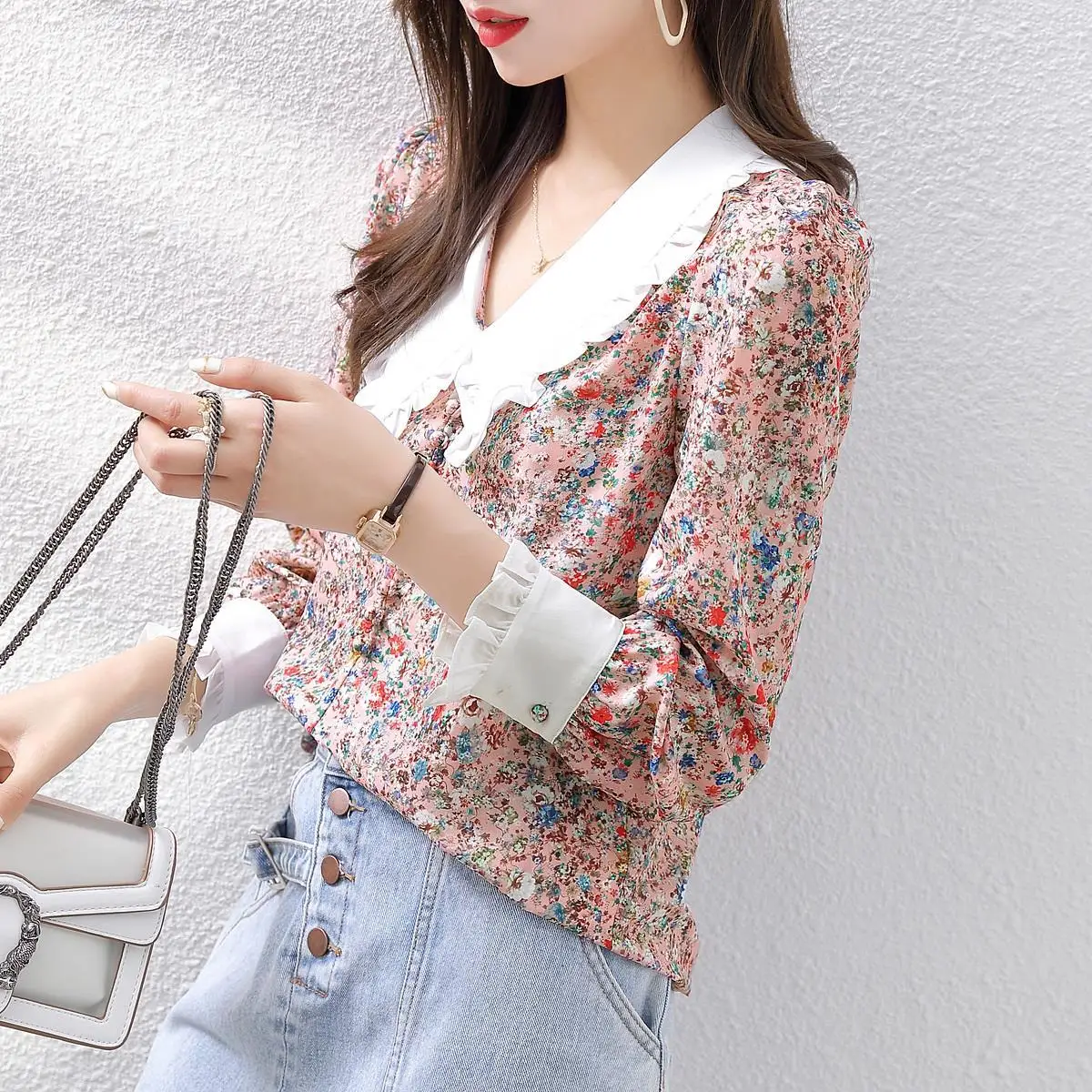 

French Retro Elegant Floral Chiffon Blouse Women's Spring NewFashion Doll Collar Long Sleeve Bottoming Shirt Female T-shirt