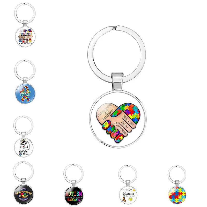 

Cute Rainbow Puzzle Piece Love Heart Keychain Autism Awareness Colorful Puzzle Glass Cabochon Key Ring Family Gift Llaveros