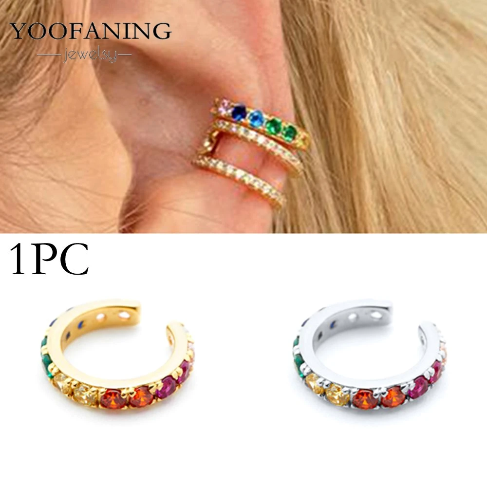 Фото Серьги-клипсы YOOFANING с позолотой 24k, серебряные, с разноцветными кристаллами циркона, простые, в стиле INS, С-образные, без прокола, оптом №1