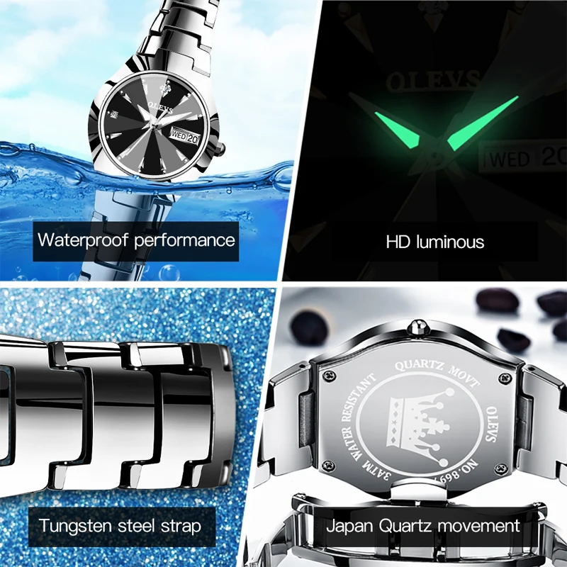 OLEVS Lovers Watch Quartz Tungsten Steel Fashion Brand Luminous Men Women Waterproof Watches Week Date Business Clock WristWatch