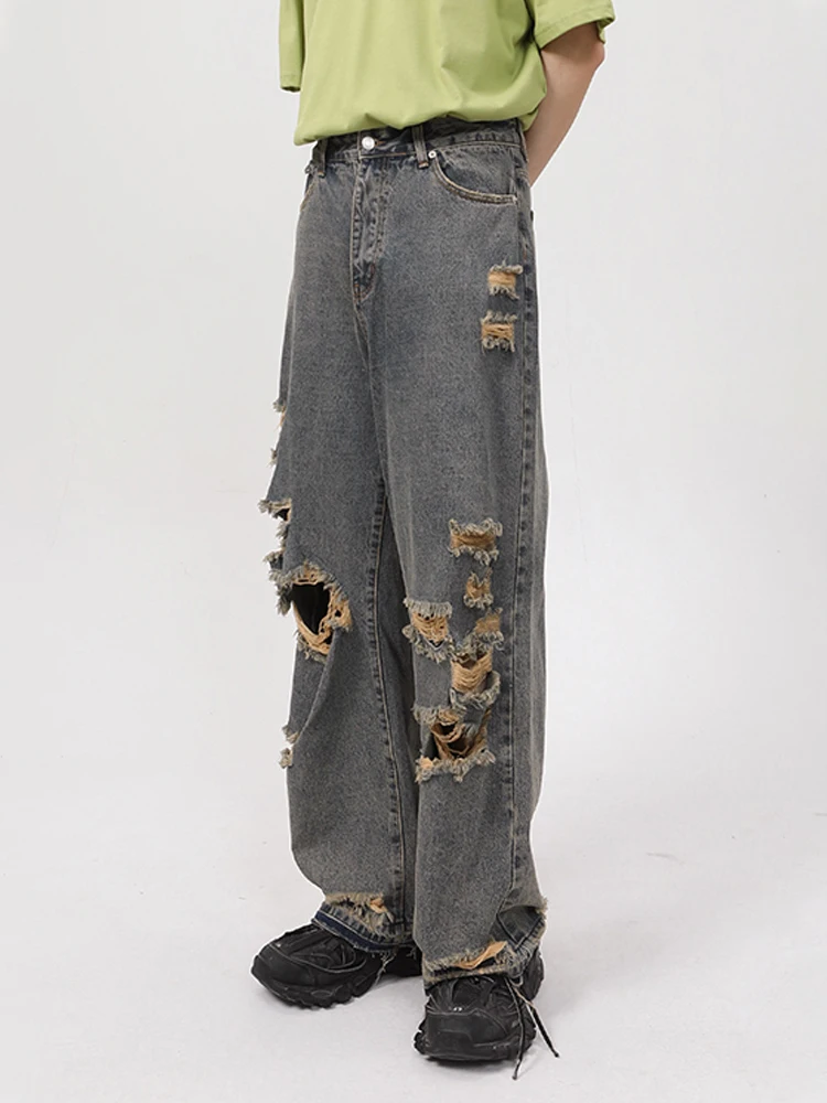 HOUZHOU Vintage Distressed Jeans Pants Men Ripped Jeans for Men Y2K Blue Denim Trousers Male Retro Japanese Streetwear Hip Hop