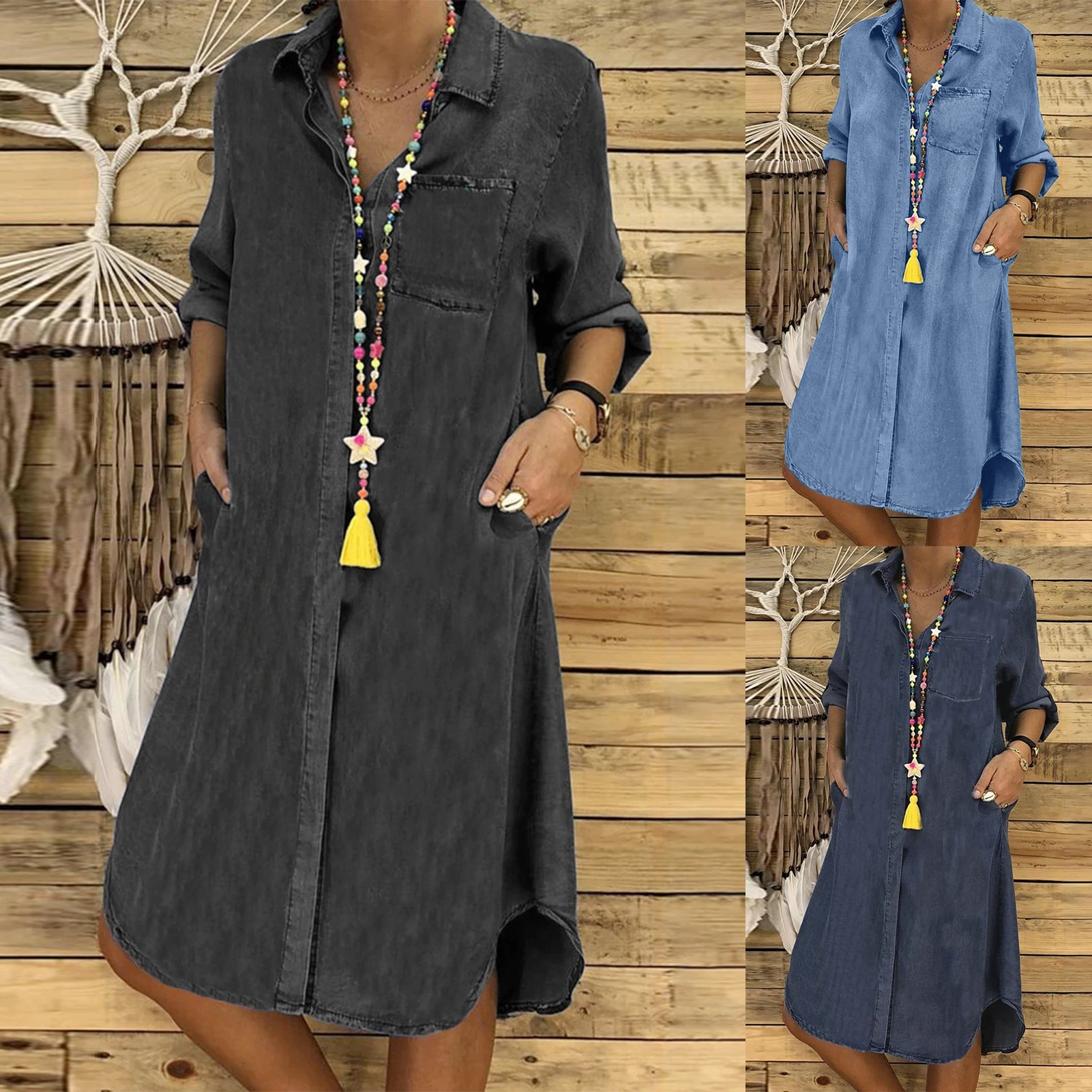 

Women Casual Shift Dress Fashion Straight Denim Dress with Pocket Denim Shirt Dress Distressed Fall Commuting Dress