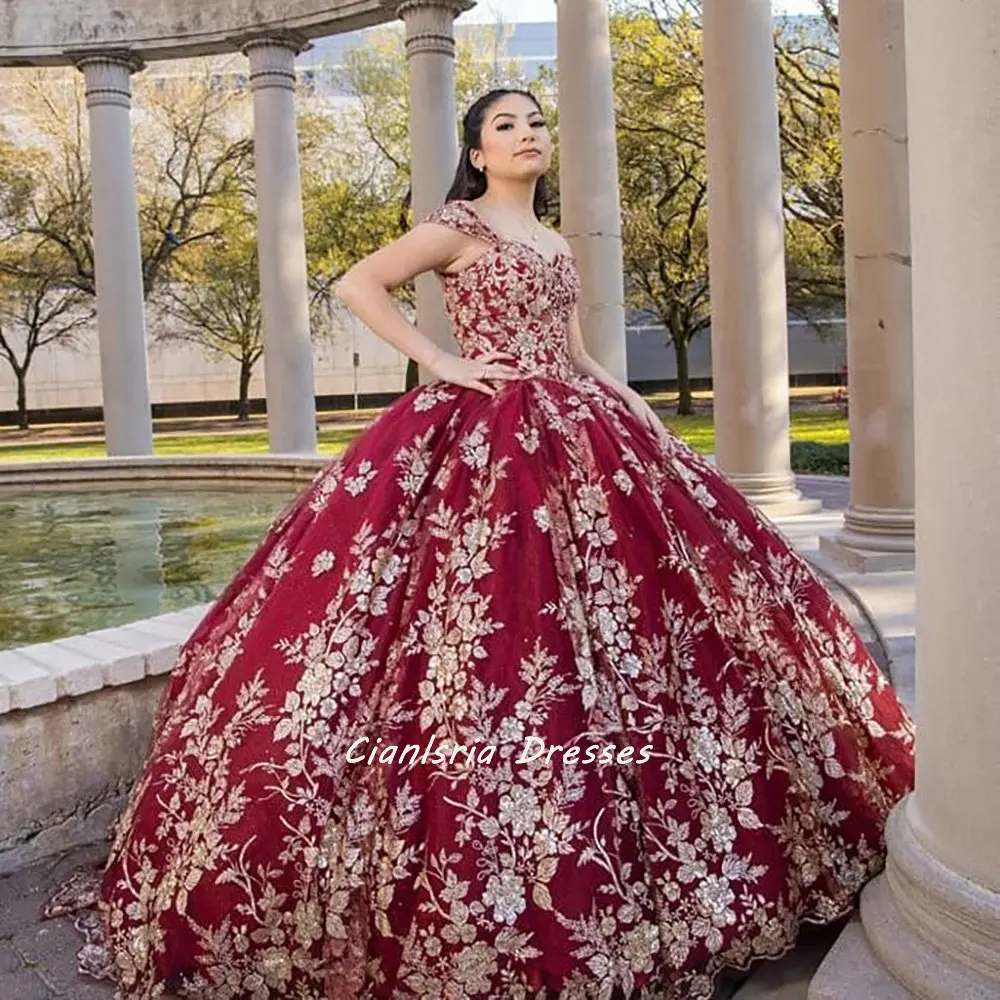 

Dark Red Off The Shoulder Quinceanera Dresses Ball Gown With Gold Floral Appliques Lace Corset Sweet 15 Vestidos XV Años
