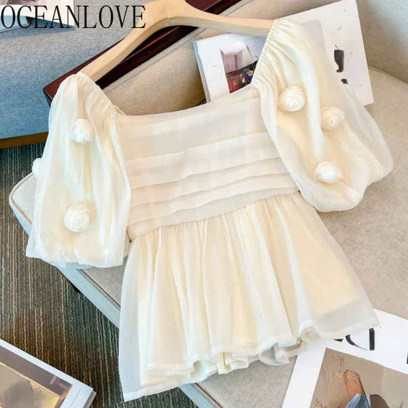 

Blouses Womrn Tops lower Solid Summer Square Neck Shirts Korean ashion Sweet Mesh Elegant Blusas Mujer