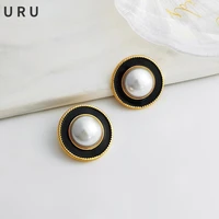 fashion jewelry round simulated pearl earrings s925 needle vintage temperament metal brass black earrings for women gifts