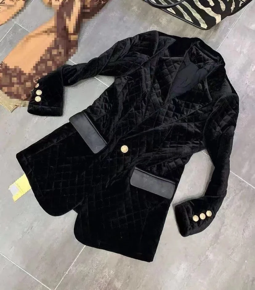 Autumn and winter new fashion slim gold velvet suit jacket women's black abrigos mujer trench coat for women winter