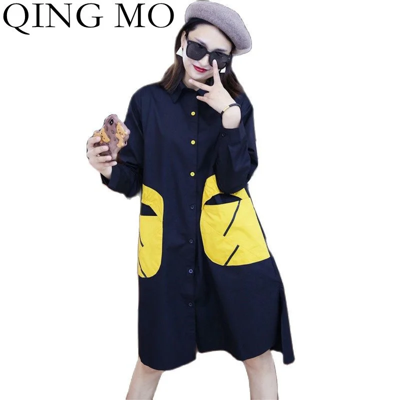 

QING MO 2023 Spring Autumn New Stitching Pocket Black Shirt Dress Women Long-sleeved Large Size Single-breasted Dress ZWL2044