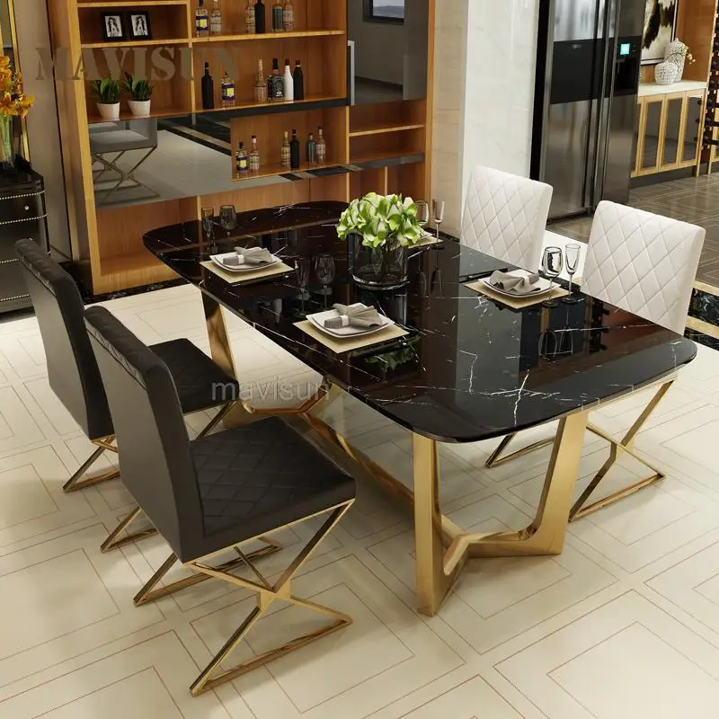 

Light Luxury Modern Stainless Steel Marble Table And Chair Combination Set Rectangular Northern European Mesa Kitchen Furniture